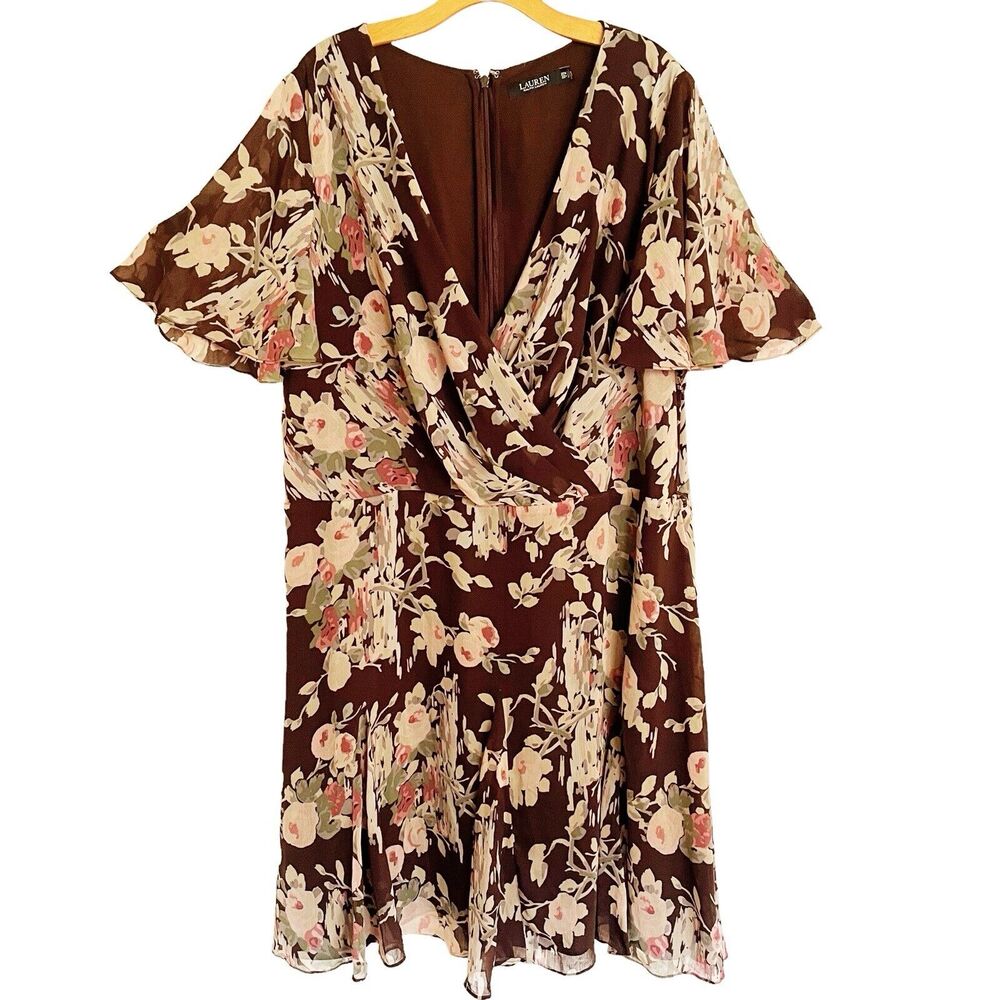 Lauren Ralph Lauren Midi Dress Sz 22 Women Floral Lined Flutter Sleeve Faux Wrap
